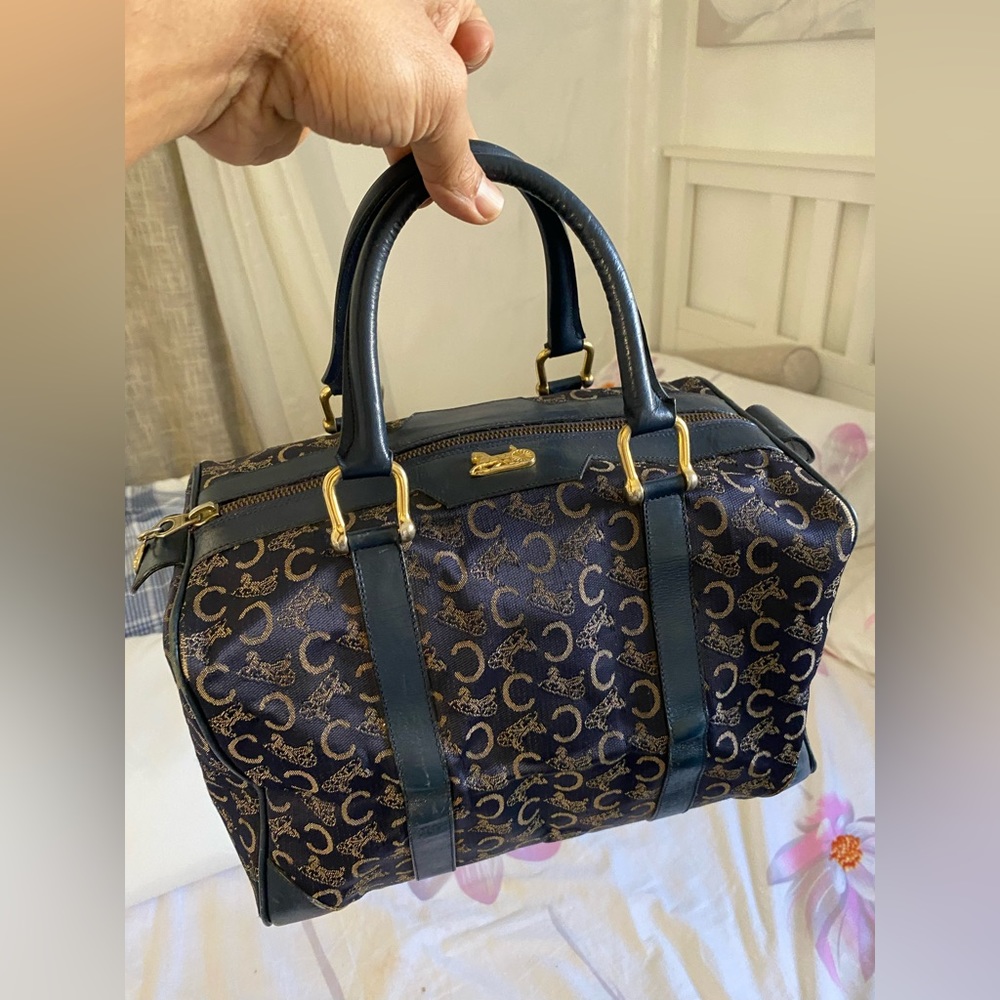 CELINE CMacadam Carriage vintage Hand Bag Duffle Bag Canvas x Leather Navy